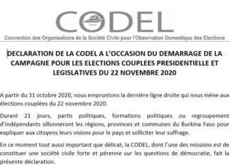 DECLARATION DE LA CODEL A L’OCCASION DU DEMARRAGE DE LA CAMPAGNE POUR LES ELECTIONS COUPLEES PRESIDENTIELLE ET LEGISLATIVES DU 22 NOVEMBRE 2020