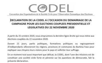 DECLARATION DE LA CODEL A L’OCCASION DU DEMARRAGE DE LA CAMPAGNE POUR LES ELECTIONS COUPLEES PRESIDENTIELLE ET LEGISLATIVES DU 22 NOVEMBRE 2020