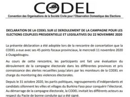 DECLARATION DE LA CODEL SUR LE DEROULEMENT DE LA CAMPAGNE POUR LES ELECTIONS COUPLEES PRESIDENTIELLE ET LEGISLATIVES DU 22 NOVEMBRE 2020