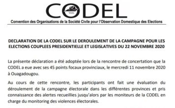 DECLARATION DE LA CODEL SUR LE DEROULEMENT DE LA CAMPAGNE POUR LES ELECTIONS COUPLEES PRESIDENTIELLE ET LEGISLATIVES DU 22 NOVEMBRE 2020
